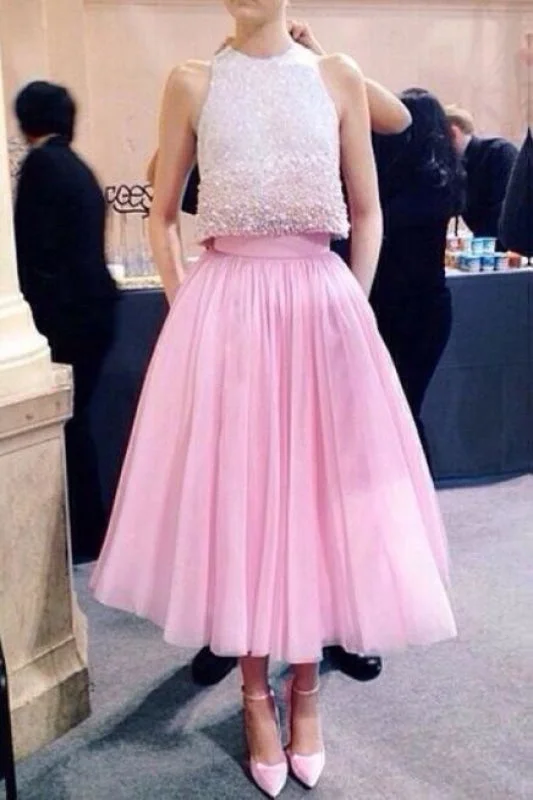 chiffon evening gown-Two Piece Pink Jewel Tea Length Homecoming A Line Sleeveless Tulle Dress