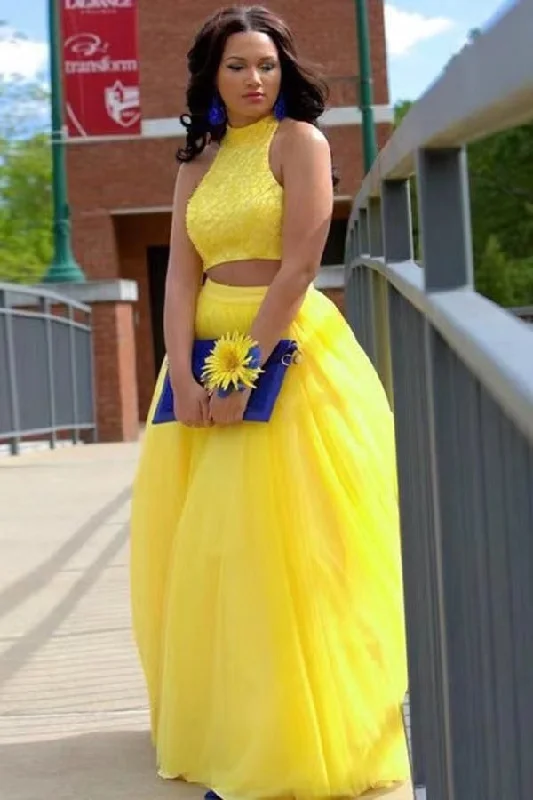 satin evening gown-Two Piece Prom Dresses Yellow Top with Lace