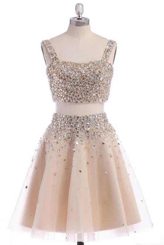 sparkly evening dress-Two Piece Strap Homecoming with Crystals A Line Tulle Short Party Dress