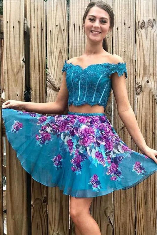 glamorous evening dress-Two Piece Turquoise Off Shoulder Beading Lace Floral Homecoming Dresses