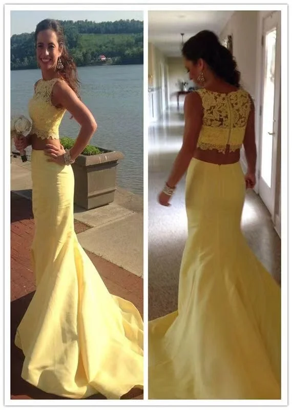 metallic evening dress-Two Piece Yellow Prom Dresses Top with Lace