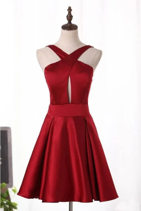 elegant evening wear-Unique Burgundy Satin Homecoming A Line Short Prom Dress with Keyhole