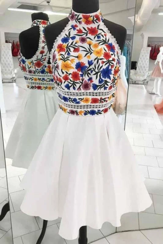 evening dress with high-low hem-Unique White High Neck Prom Dresses A Line Sleeveless Short Homecoming Dress