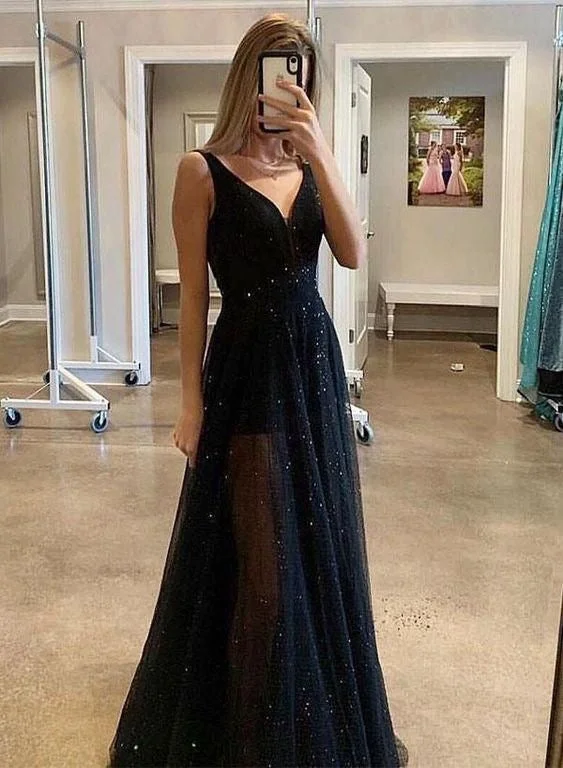 evening dress for prom-V Neck Black Long Prom Dresses for Women