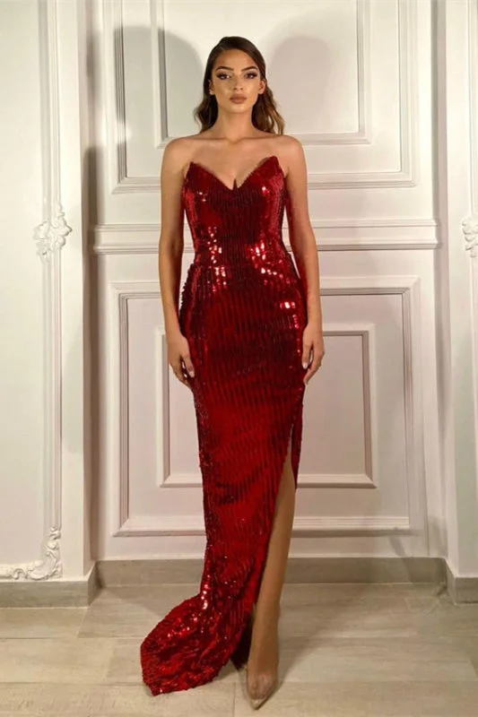 sleeveless tulle evening dress-V Neck Burgundy Prom Dress with Sequins Heart Mermaid