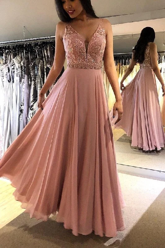 evening dress with shawl-V Neck Long Prom Dresses with Lace Beaded