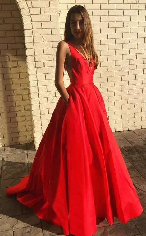 pleated evening gown-V Neck Prom Dresses Under 100 with Pockets