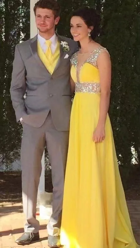 illusion neckline evening dress-V Neck Prom Dresses Yellow with Rhinestones