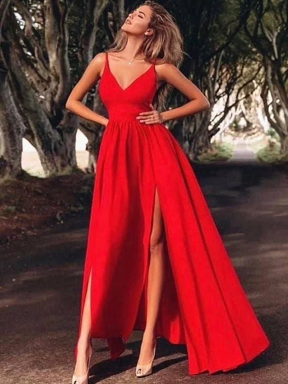 asymmetrical evening dress-V Neck Red Slit Side Prom Dresses Under 100