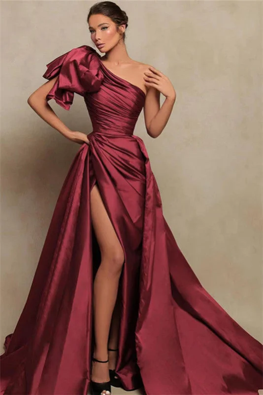 elegant evening gown with beads-Vintage Burgundy One-Shoulder Mermaid Prom Dress with Slit