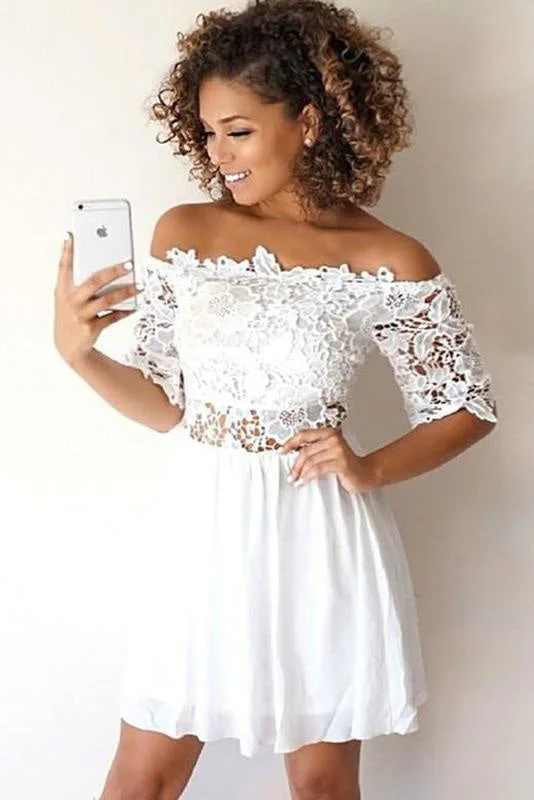 mermaid evening gown-White A-Line Chiffon With Lace Applique Off-the-Shoulder Short Homecoming Dresses