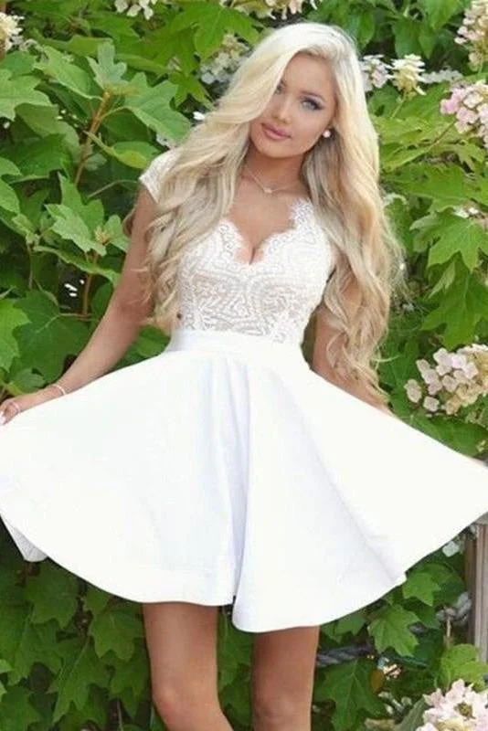 evening gown for formal events-White Cap Sleeves Mini Homecoming Dresses Open Back Graduation Dress with Lace