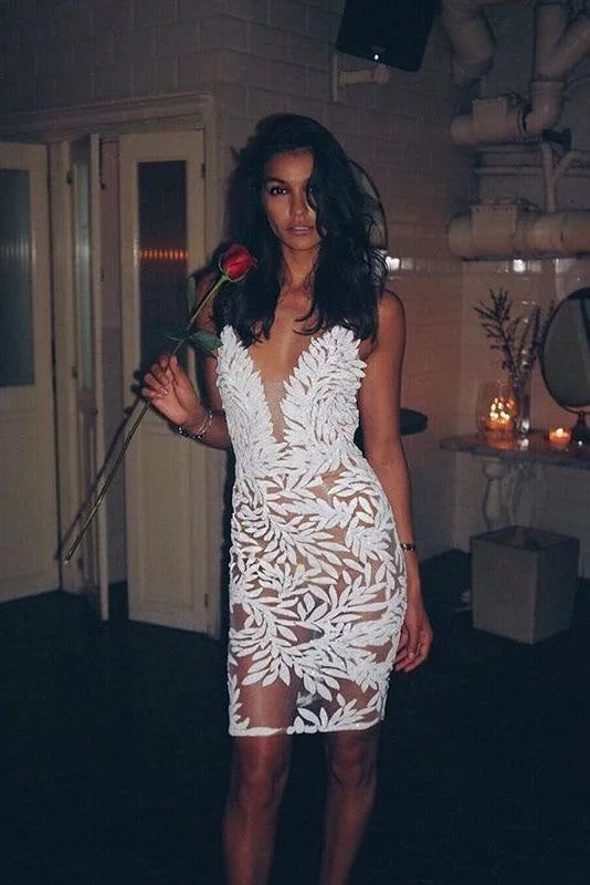 elegant evening wear-White Lace Homecoming Dresses Sexy Sheath Mini V Neck Short Party Dress