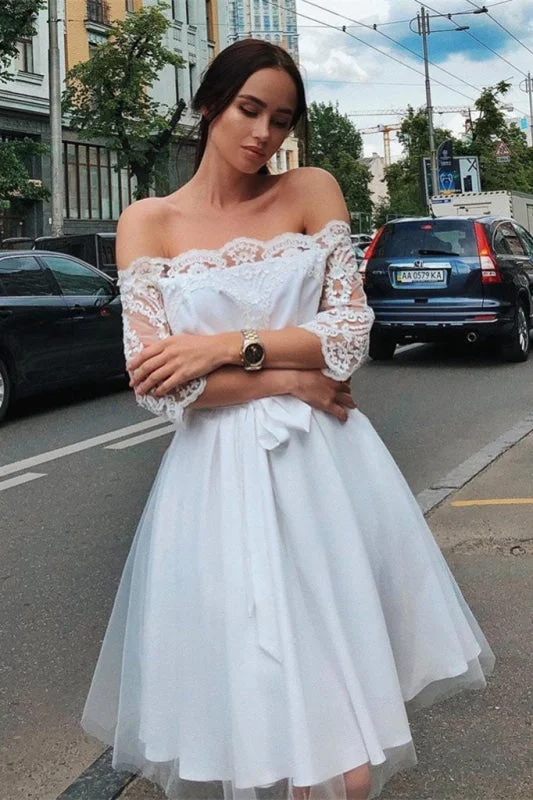 lace evening gown-White Off the Shoulder Knee Length Tulle Homecoming Dresses with Lace