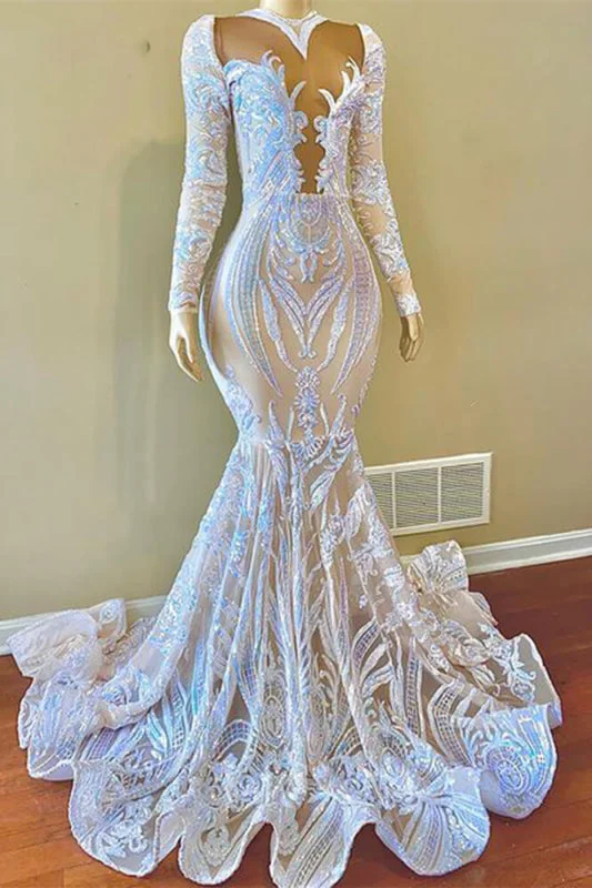 elegant evening dress with sleeves-White Sequins Lace Mermaid Prom Dress With Long Sleeves