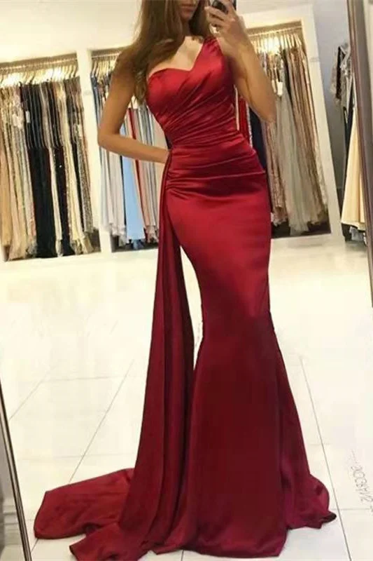 evening dress with high-low hem-Wine Red One Shoulder Mermaid Prom Dress with Ruffles