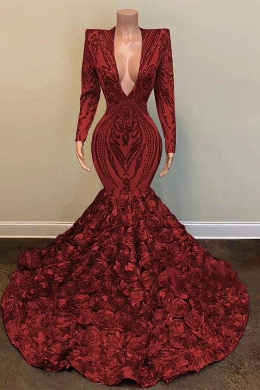 elegant long sleeve evening gown-Wine Red V-Neck Long Sleeve Sequined Lace Mermaid Prom Dress with Floral Bottom