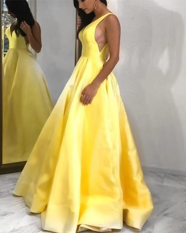 evening dress for black-tie events-Yellow  Deep V Neck Prom Dresses with Pockets