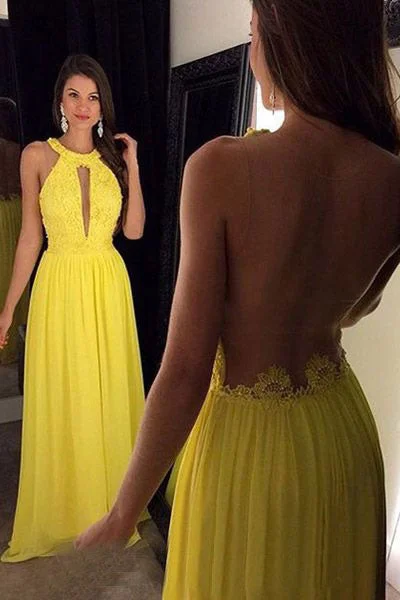 evening dress with shawl-Yellow Halter Prom Dresses with Keyhole