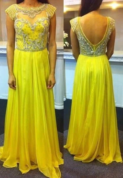 elegant evening gown with beads-Yellow Prom Dresses with Rhinestones Appliques