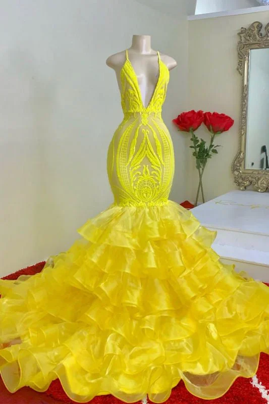 evening dress with feather accents-Yellow Lace Spaghetti-Straps Mermaid Prom Dress with Ruffles