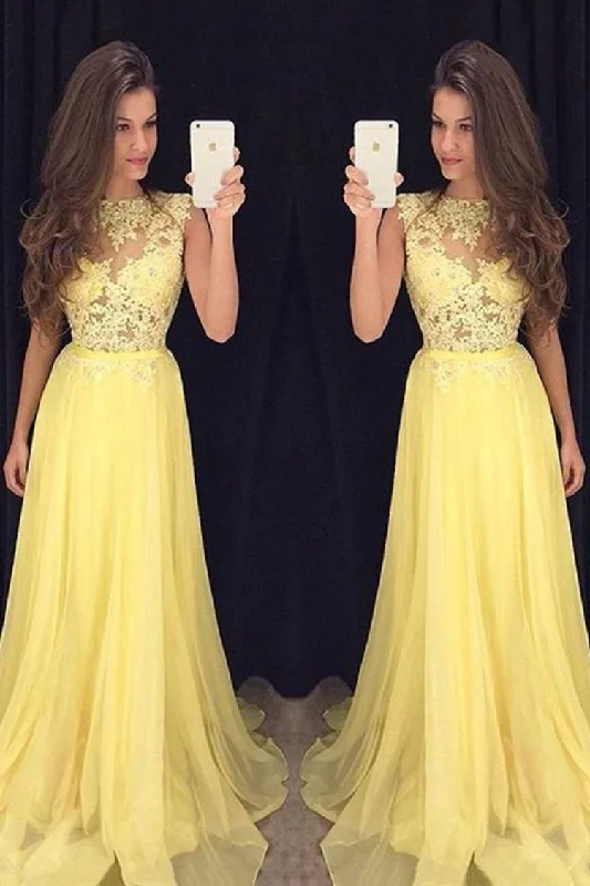 formal red evening dress-Yellow Long Prom Dresses with Appliques