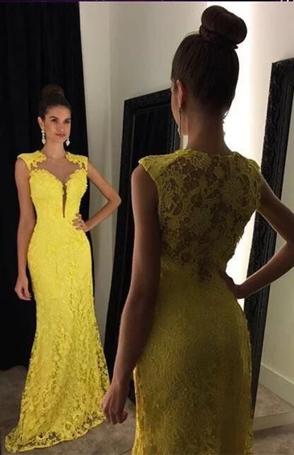 elegant cocktail evening dress-Lace Yellow Long Prom Dresses