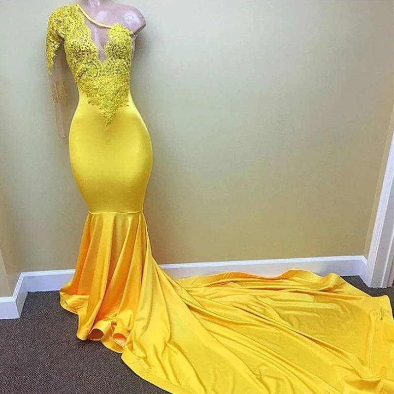 evening dress for prom-Yellow One-Shoulder Long Sleeve Mermaid Prom Dress with Appliques