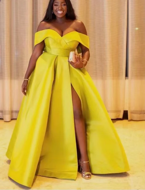 elegant peplum evening dress-Yellow Plus Size Prom Dresses Off Shoulder