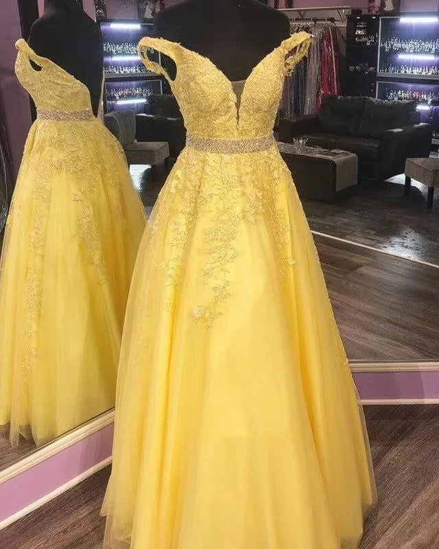 sheer sleeve evening dress-Yellow Prom Dresses Off Shoulder with Appliques