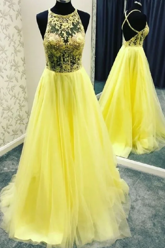 jewel neckline evening dress-Yellow Prom Dresses with Appliques Flowers Criss Cross