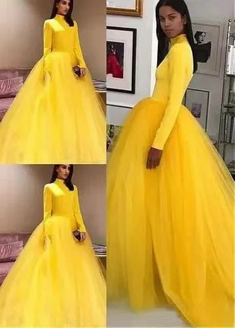 formal evening gown-Yellow Prom Dresses with Full Sleeves