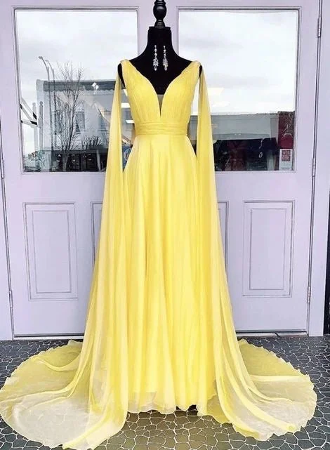 formal red evening dress-Yellow V Neck Chiffon Prom Dresses Under 100