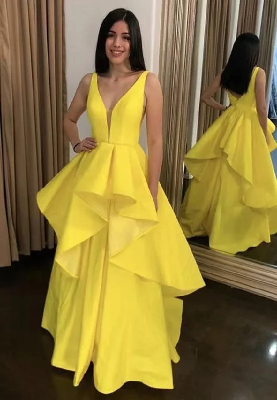 elegant white evening dress-Yellow V Neck Prom Dresses under 100