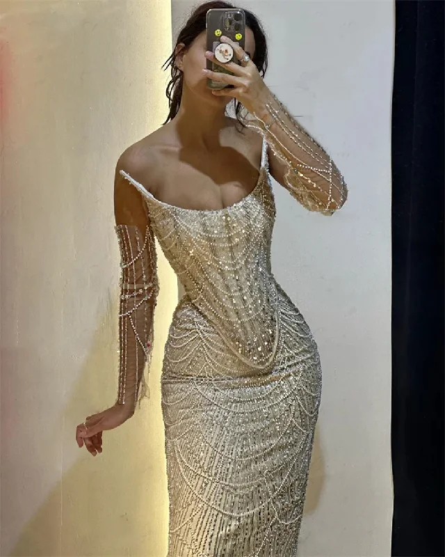 high-low evening dress-3 Pieces Suit Sequined Pearls Evening Dresses Luxury Mermaid Champagne Beaded Spaghetti Straps Formal Prom Party Gowns Vestidos