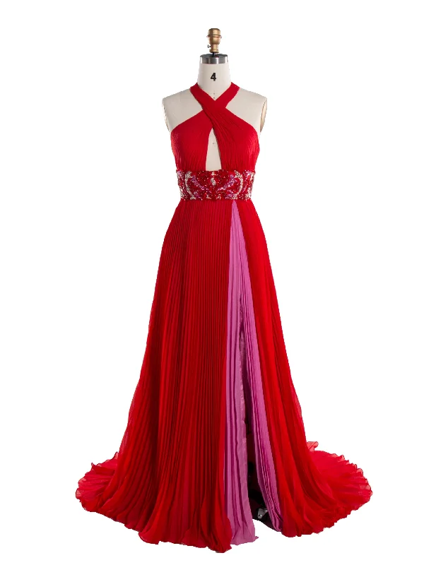 vintage lace evening dress-A line Backless Halter-Neck Red Pleated Long Prom Dress YE3020