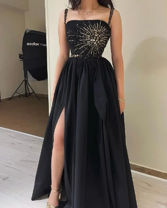 high slit evening dress-A-line Black Satin Prom Formal Dress With Pockets High Side Slit Party Gowns Long Beading Sleeveless Evening Dress