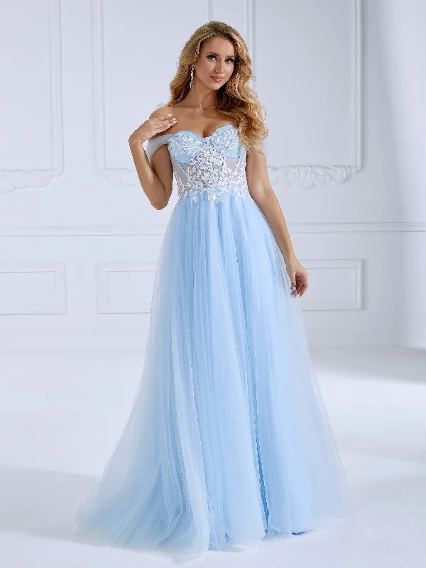 elegant evening gown with beads-A-Line Blue Tulle Prom Dress Side Leg Split Floor-Length Photo Shoot Dress #17957