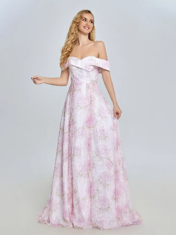 velvet long evening dress-A-line Elegant Off Shoulder Pink Printed Prom Dress YE3019