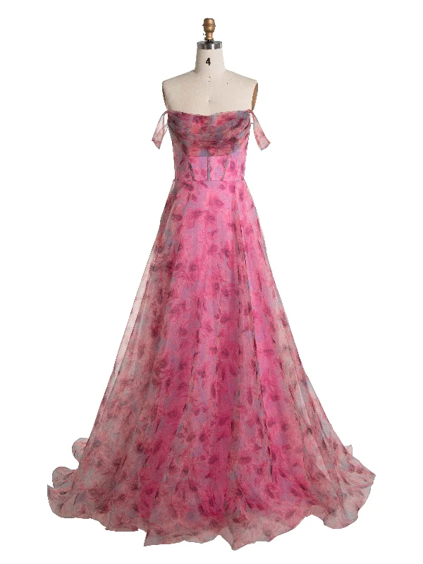 sweetheart neckline evening dress-A-line Elegant Off Shoulder Printed Prom Dresses YE3012