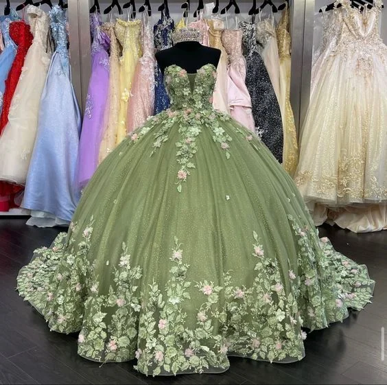 fit and flare evening dress-A-line Green Tulle Ball Gown Puffy Sweet 16 Dress 3D Flowers Birthday Dress    S2333