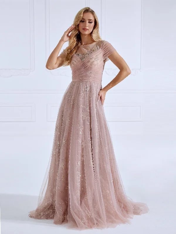 evening dress with keyhole-A Line illusion Round Neck Floor Length Tulle Prom Dresses With Glitter Pattern #16736