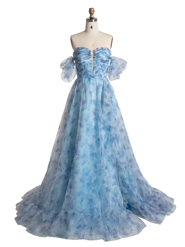 sleeveless tulle evening dress-A-line Off The Shoulder Blue Floral Printed Prom Party Dress YE3008