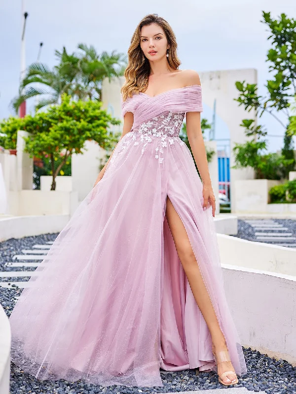 tulle evening gown-A-line Off The Shoulder Dusty Pink Tulle Prom Dresses with Lace YE2529