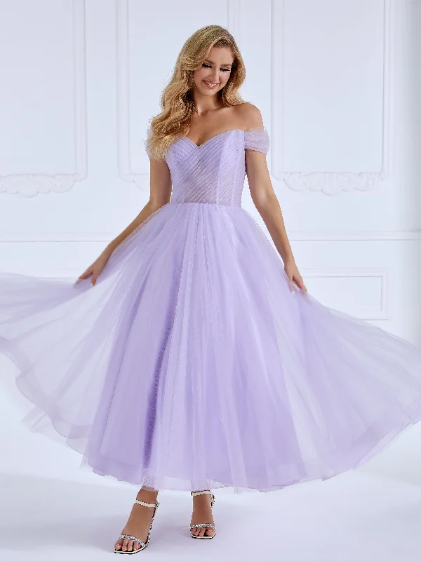 high neck formal evening dress-A-line Off the Shoulder Tulle Prom Dresses Ankle Length #16805