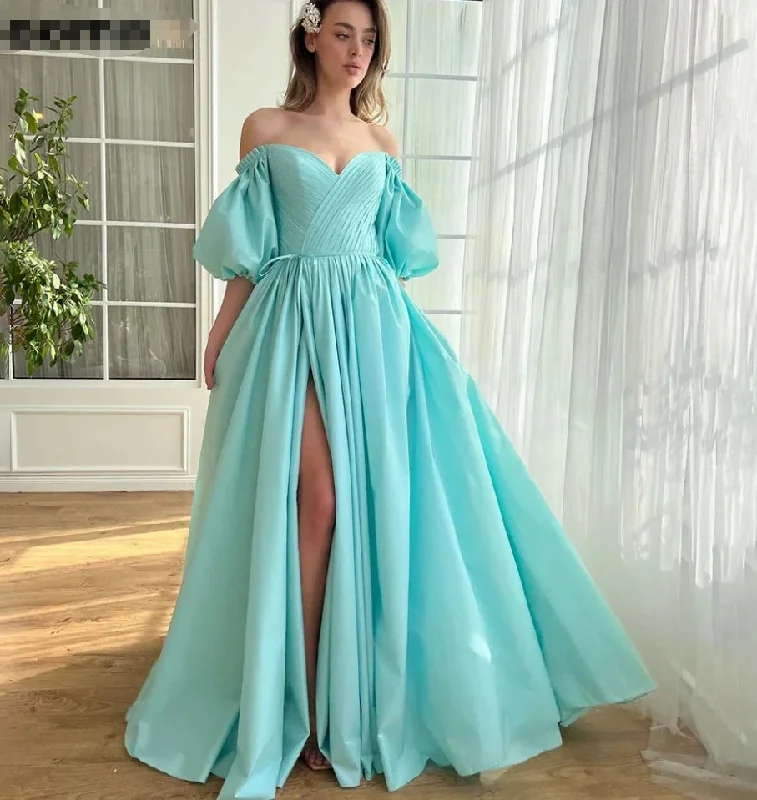 layered evening dress-A-line Prom Dress Sweetheart Puff Sleeves Off Shoulder Formal Occasion Gowns High Side Slit Long Evening Dress for Women