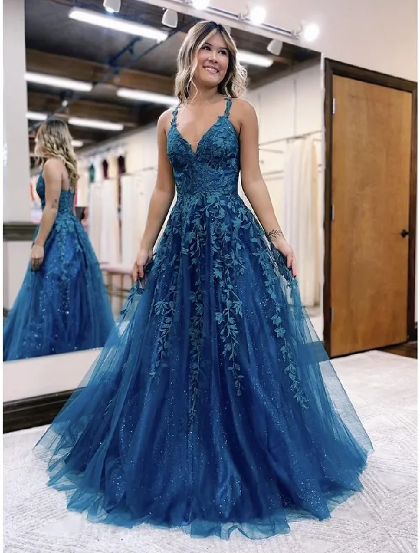 glamorous evening dress-A-Line Prom Dresses Formal Floor Length Sleeveless V Neck Tulle Backless with Glitter Appliques    S5202