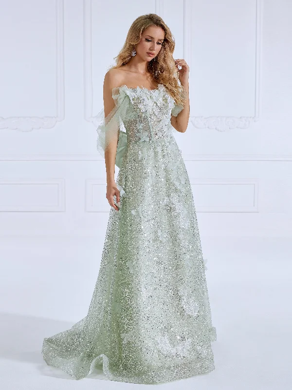 vintage-inspired evening dress-A Line Prom Dresses Sparkle Mesh appliques Off The Shoulder Evening Dress #19032