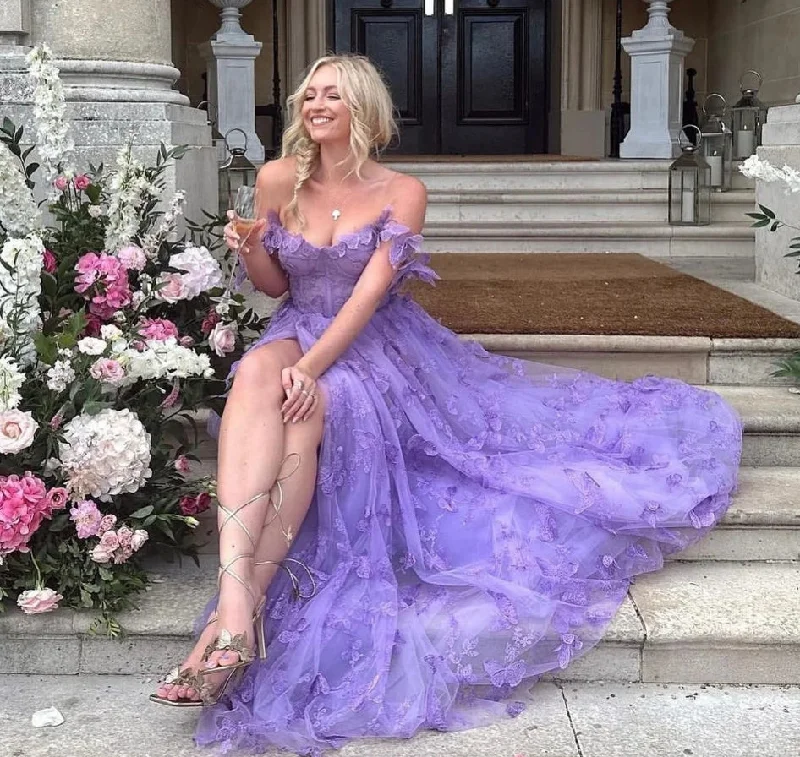 evening dress for black-tie events-A Line Purple Formal Party Dresses Lace Off The Shoulder Slit Women Evening Prom Dress Bride Wedding Occasion Gowns