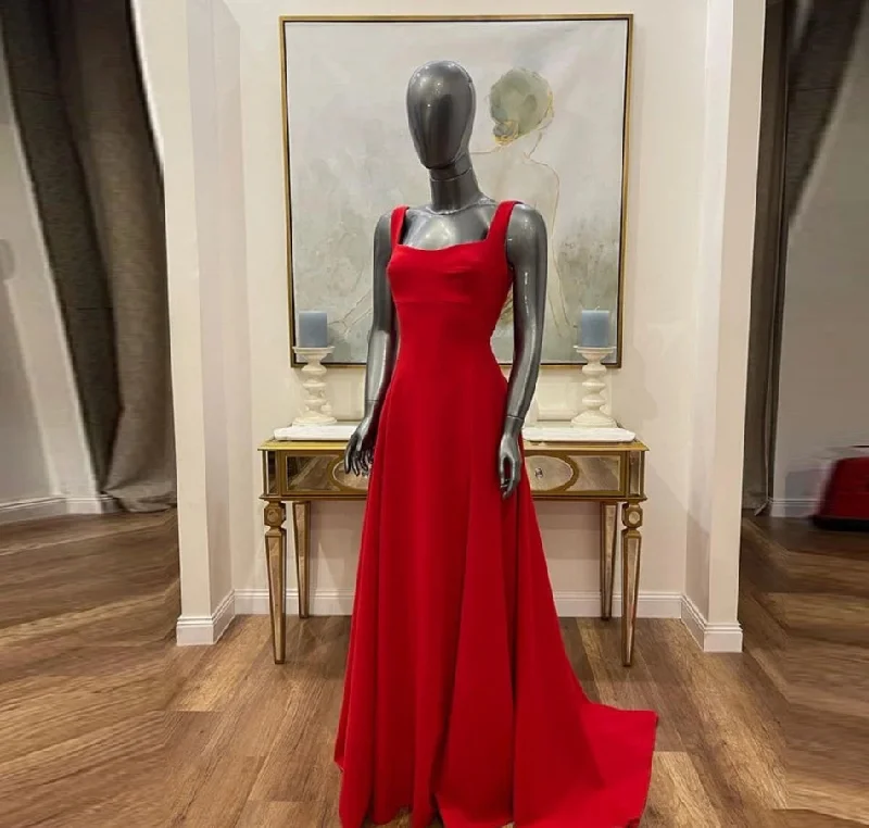 off shoulder evening gown-A-line Red Saudi Arabia Prom Dresses Square Collar Sleeveless Evening Party Gowns Long Satin Formal Evening Dress